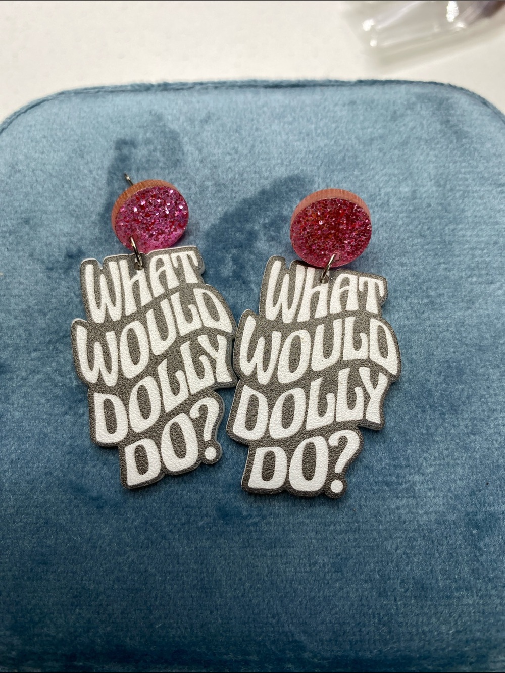 Pink Glitter Stud Earrings with 'What Would Dolly Do?' Drop — Women Jewelry Gift